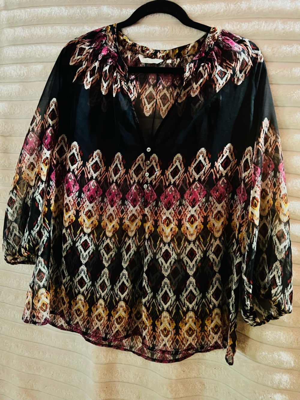 Black Sheer Boho Blouse with Pink & Yellow Geometric Print